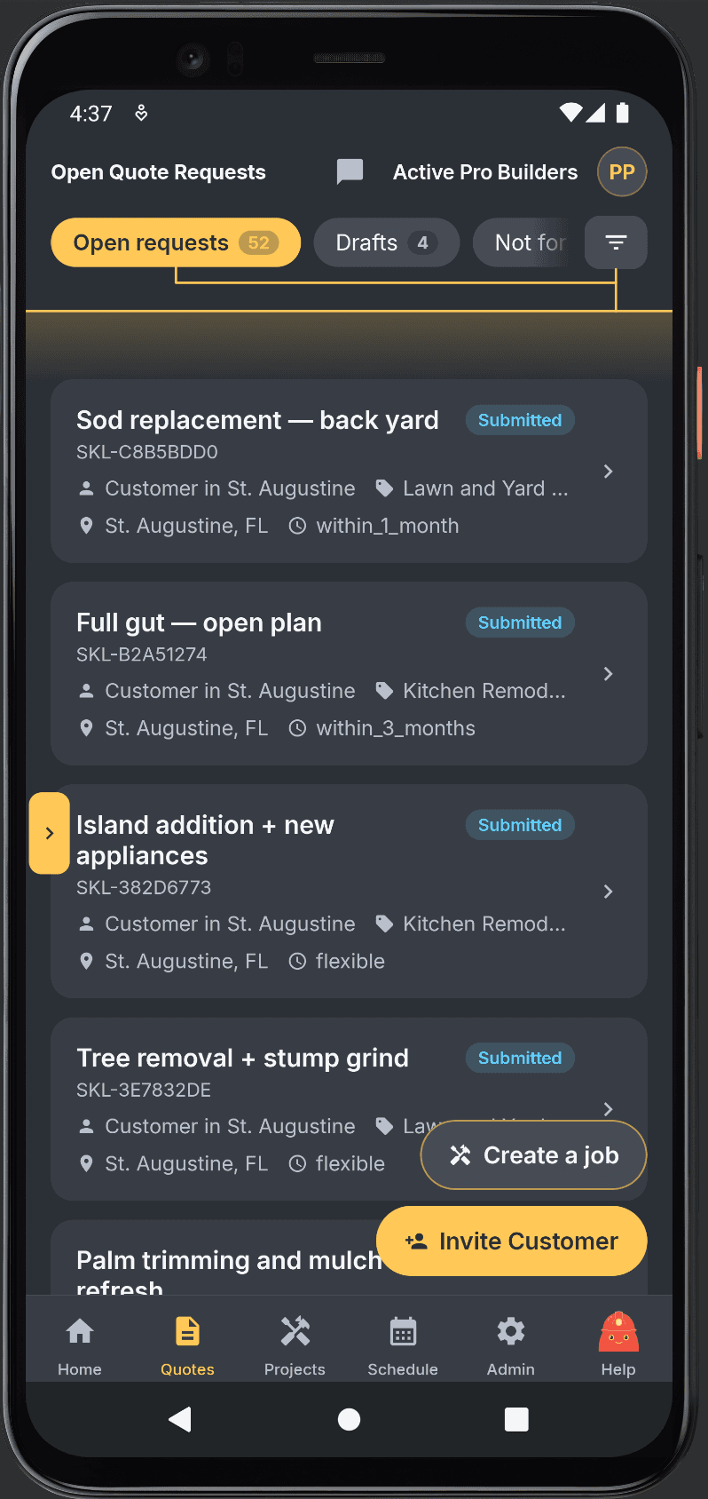 The Sesklo mobile app showing a service provider’s open quote requests