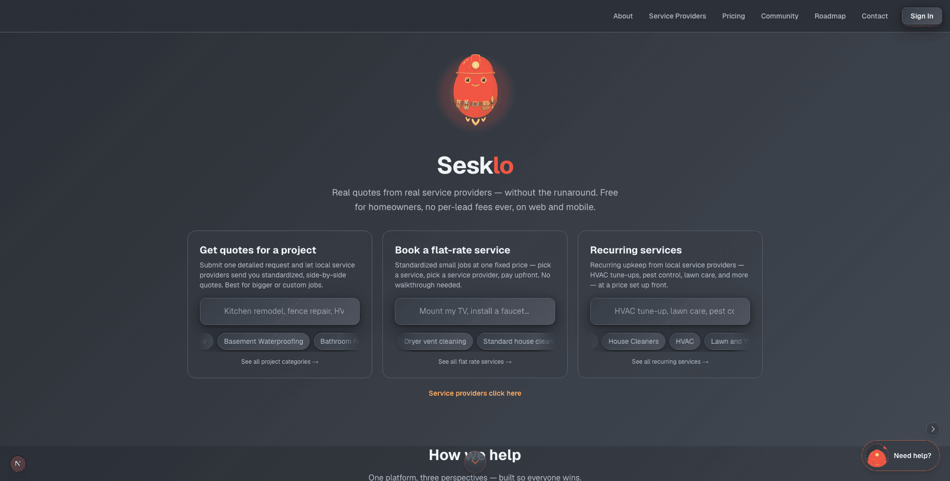 The Sesklo homepage — get quotes for a project, book a flat-rate service, or set up recurring services