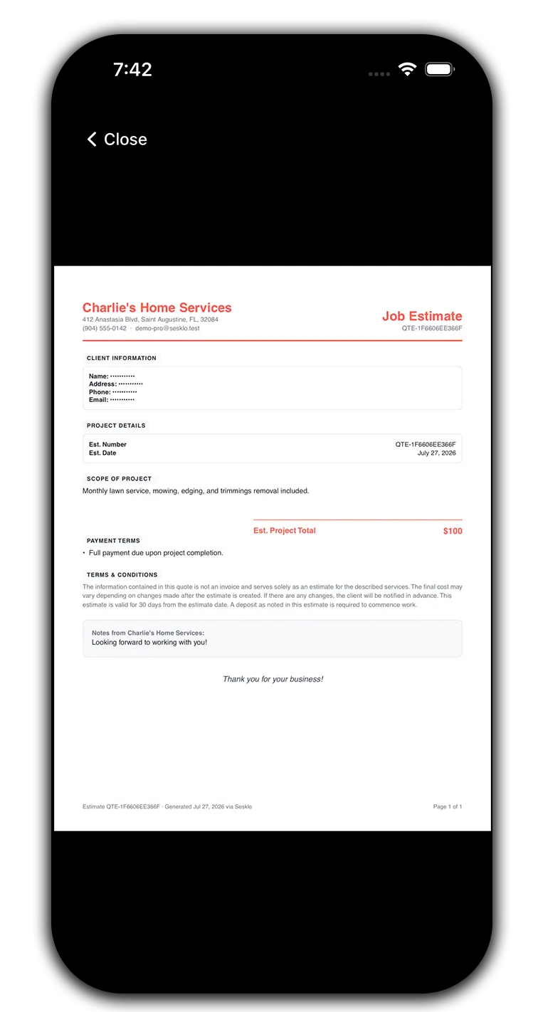 The branded estimate your customer receives — here in the mobile app