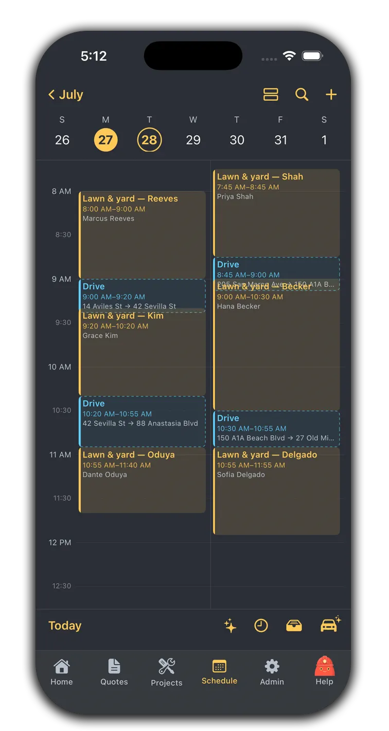 The dispatch board on web and in the mobile app — a week of jobs with drive time, customer availability, and active projects to schedule — mobile app