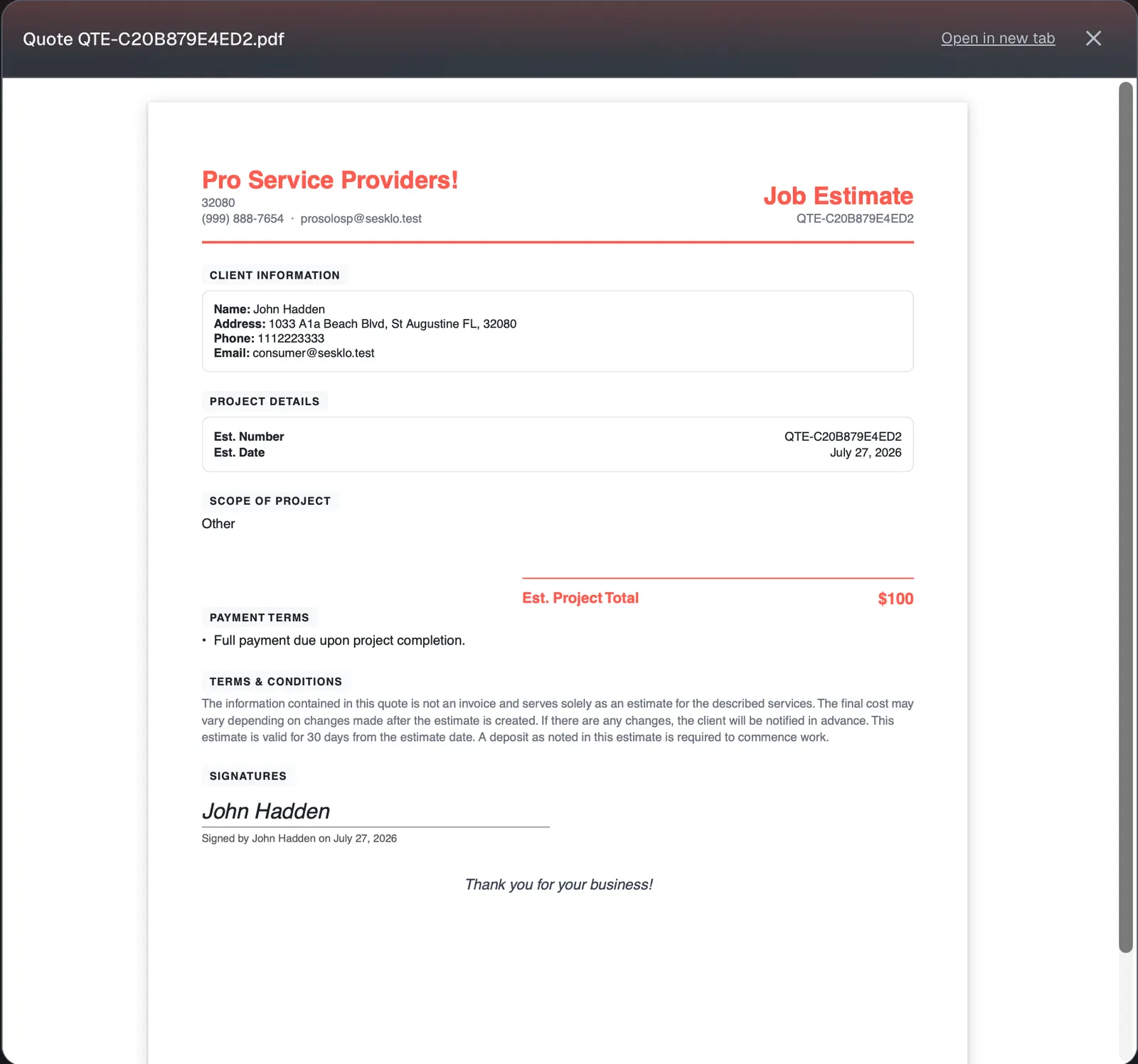 The signed estimate — the customer's signature and sign date live on the document and the job record
