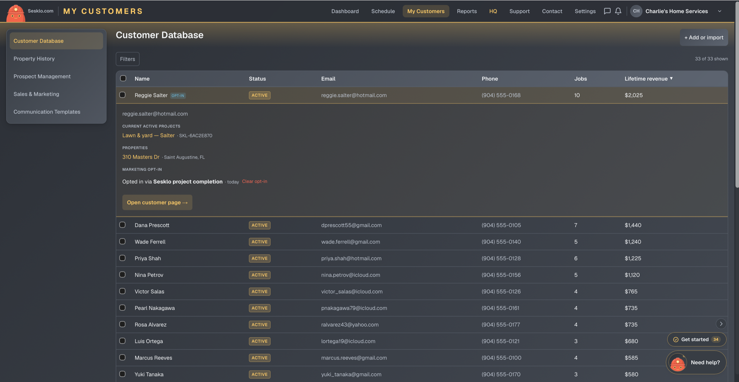 Your customer database on web and in the mobile app — every customer, their status, and lifetime revenue in one place, with active projects and marketing opt-in a click away