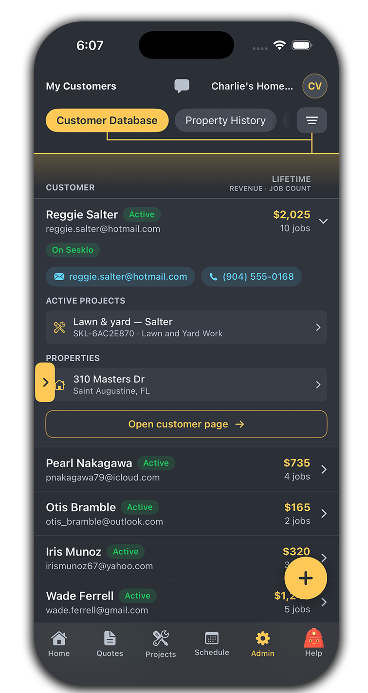 Your customer database on web and in the mobile app — every customer, their status, and lifetime revenue in one place, with active projects and marketing opt-in a click away — mobile app