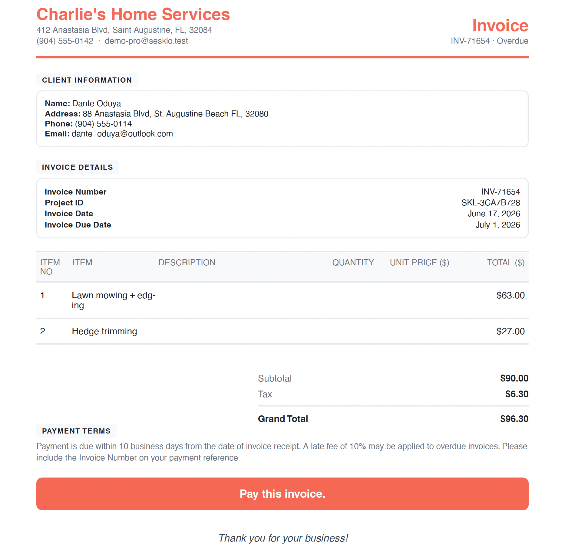 The branded invoice your customer receives — one tap to pay by card or bank transfer