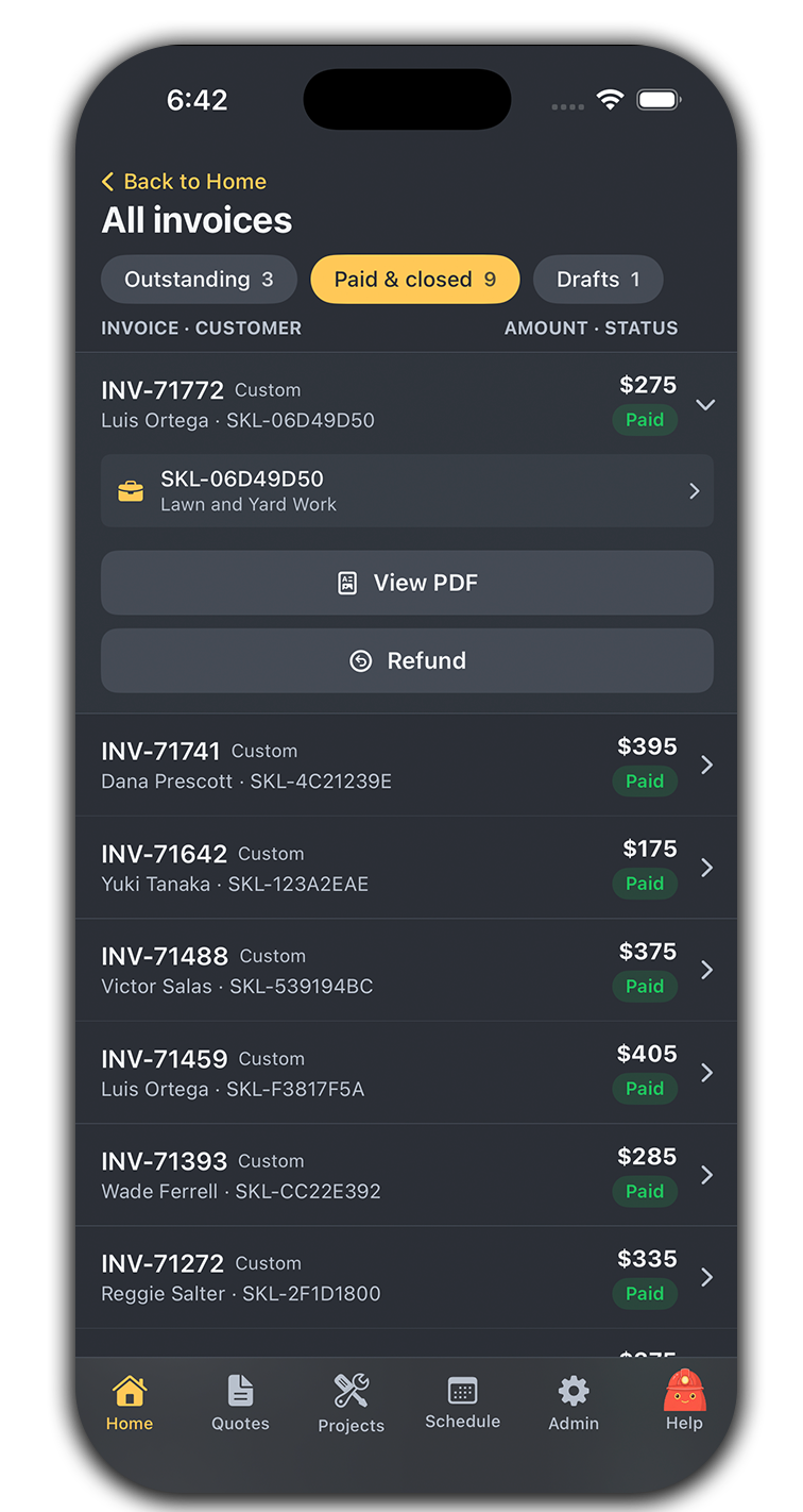 Every invoice in one place on web and in the mobile app — outstanding, paid, and overdue at a glance, with one-tap actions — mobile app