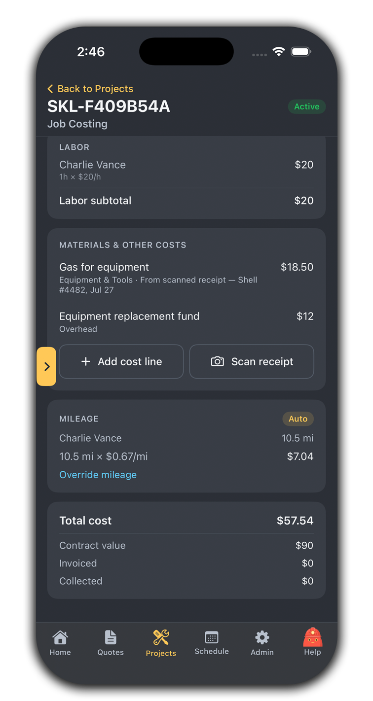 Job costing in the mobile app — labor, receipt-scanned cost lines, and auto mileage from the field