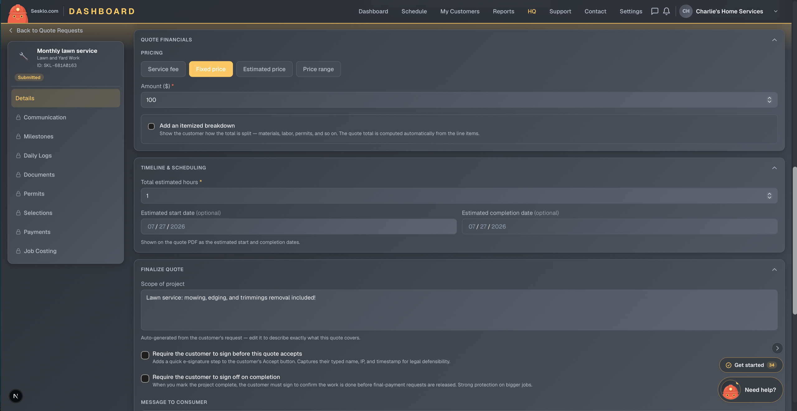 Building a quote — pricing, timeline, scope, and e-signature requirements in one pass