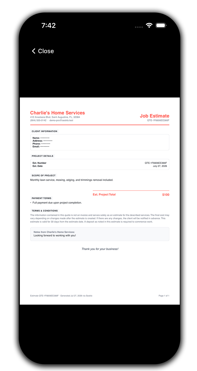The branded estimate your customer receives — here in the mobile app