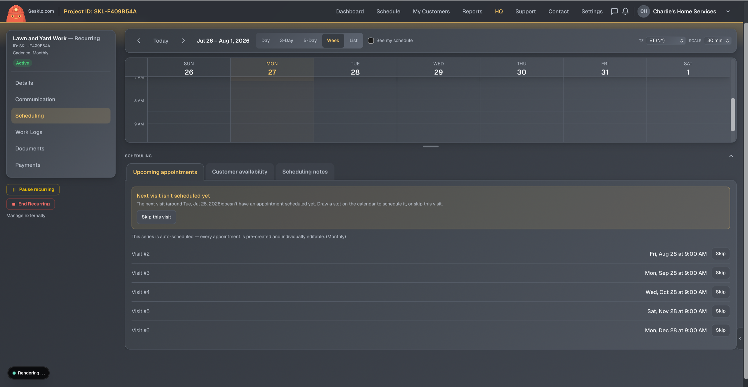 A monthly recurring service — the whole visit series pre-created, each appointment individually editable or skippable