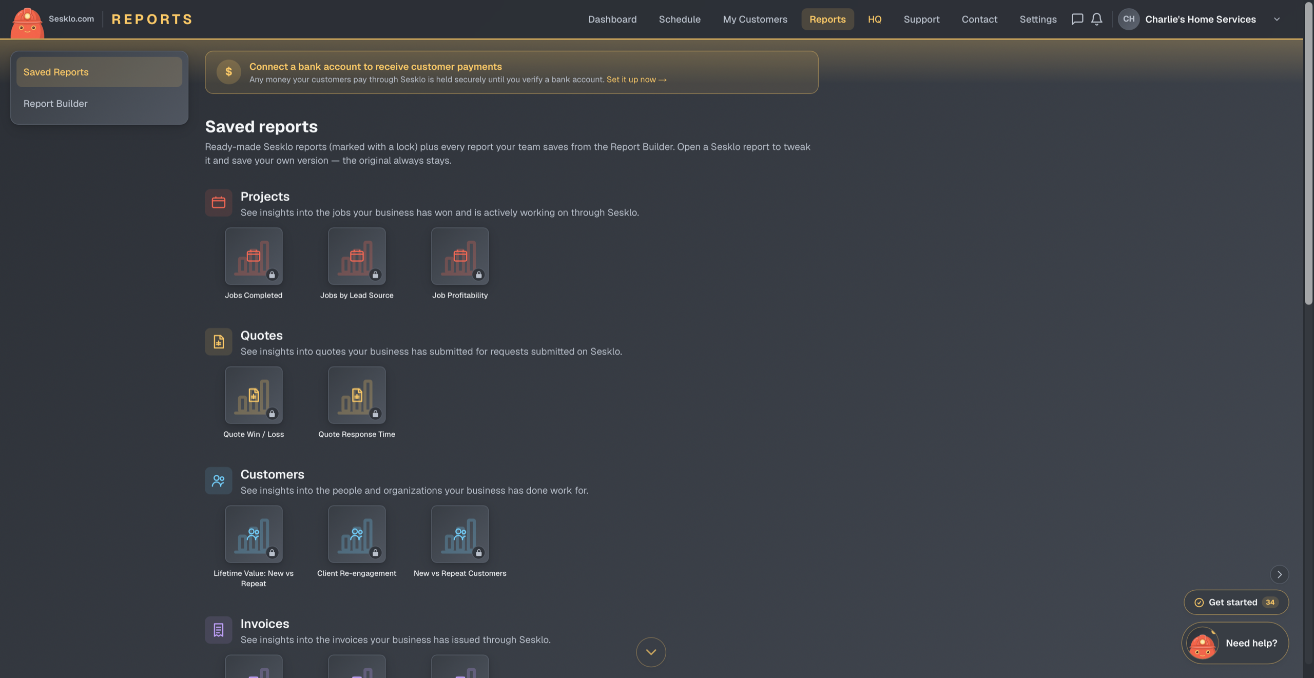 The report library — ready-made reports for projects, quotes, customers, and invoices; pick one and go