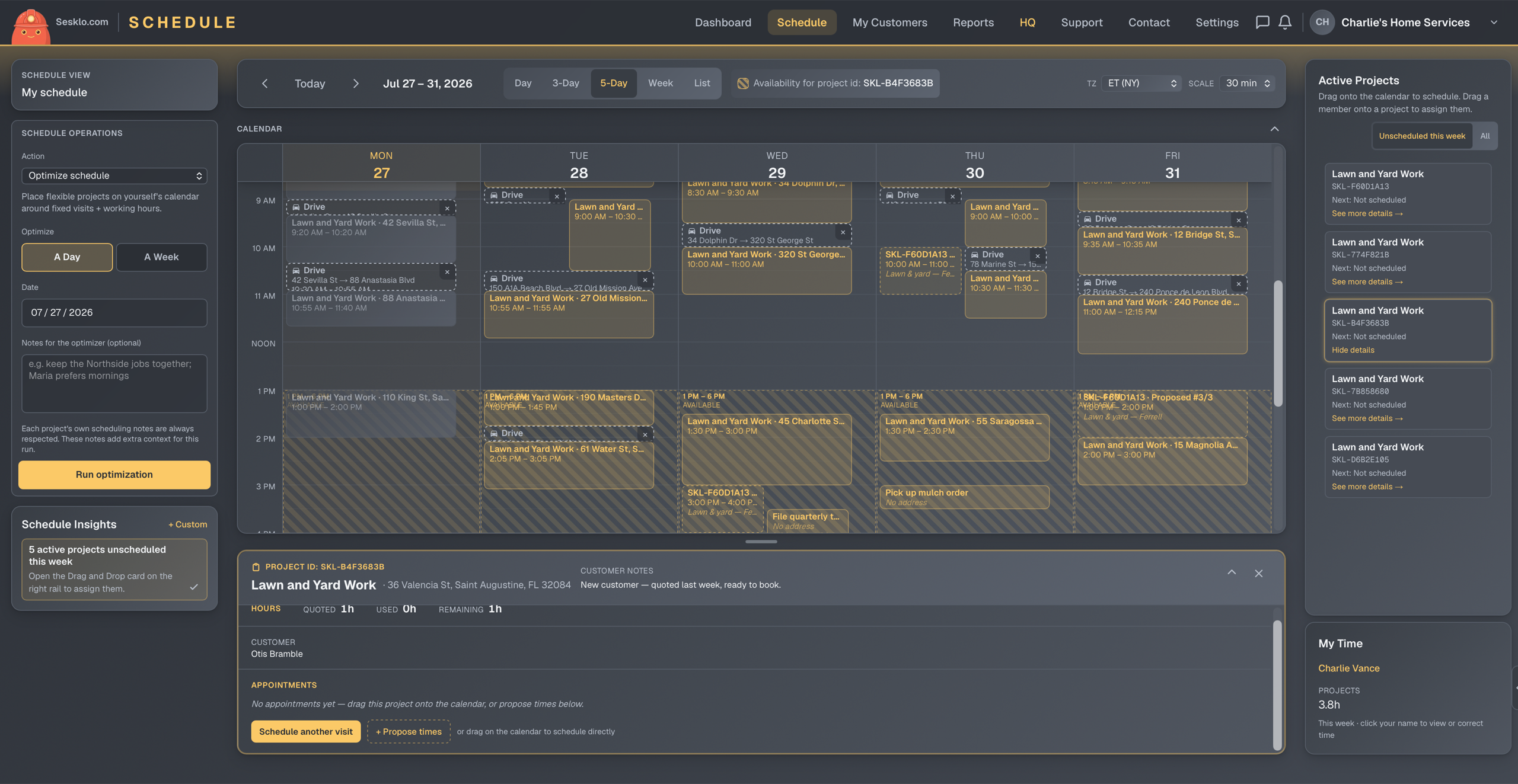 The dispatch board on web and in the mobile app — a week of jobs with drive time, customer availability, and active projects to schedule