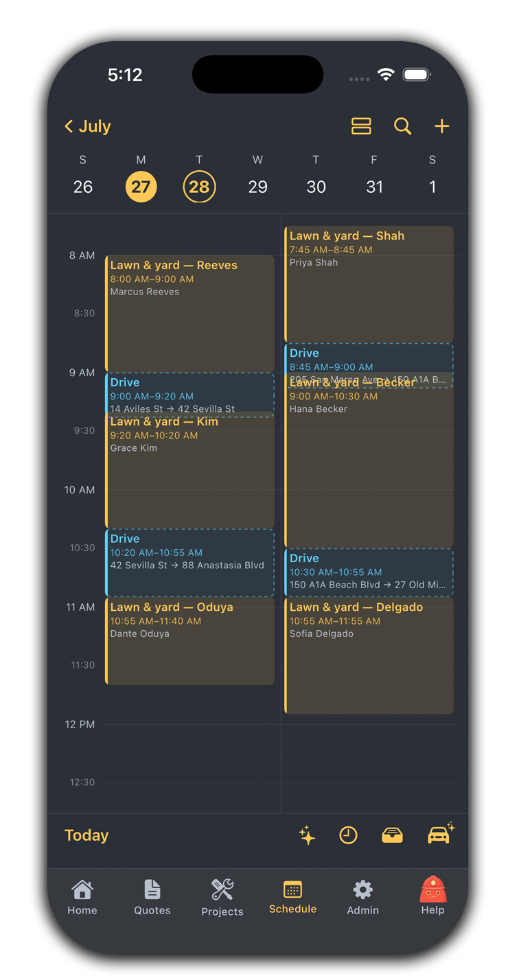 The dispatch board on web and in the mobile app — a week of jobs with drive time, customer availability, and active projects to schedule — mobile app