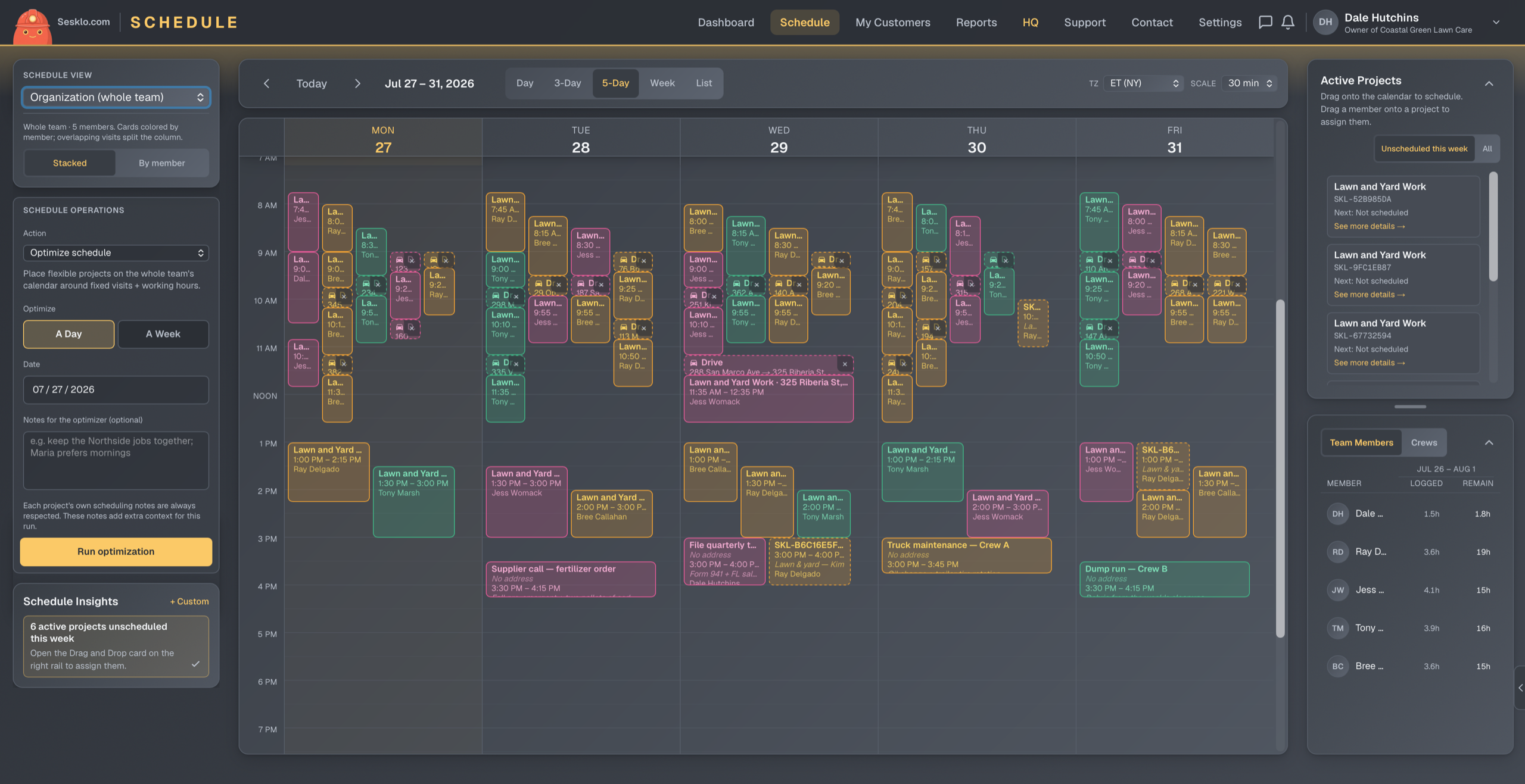 The whole-team view — five schedules color-coded by member, with crews ready to drag onto projects