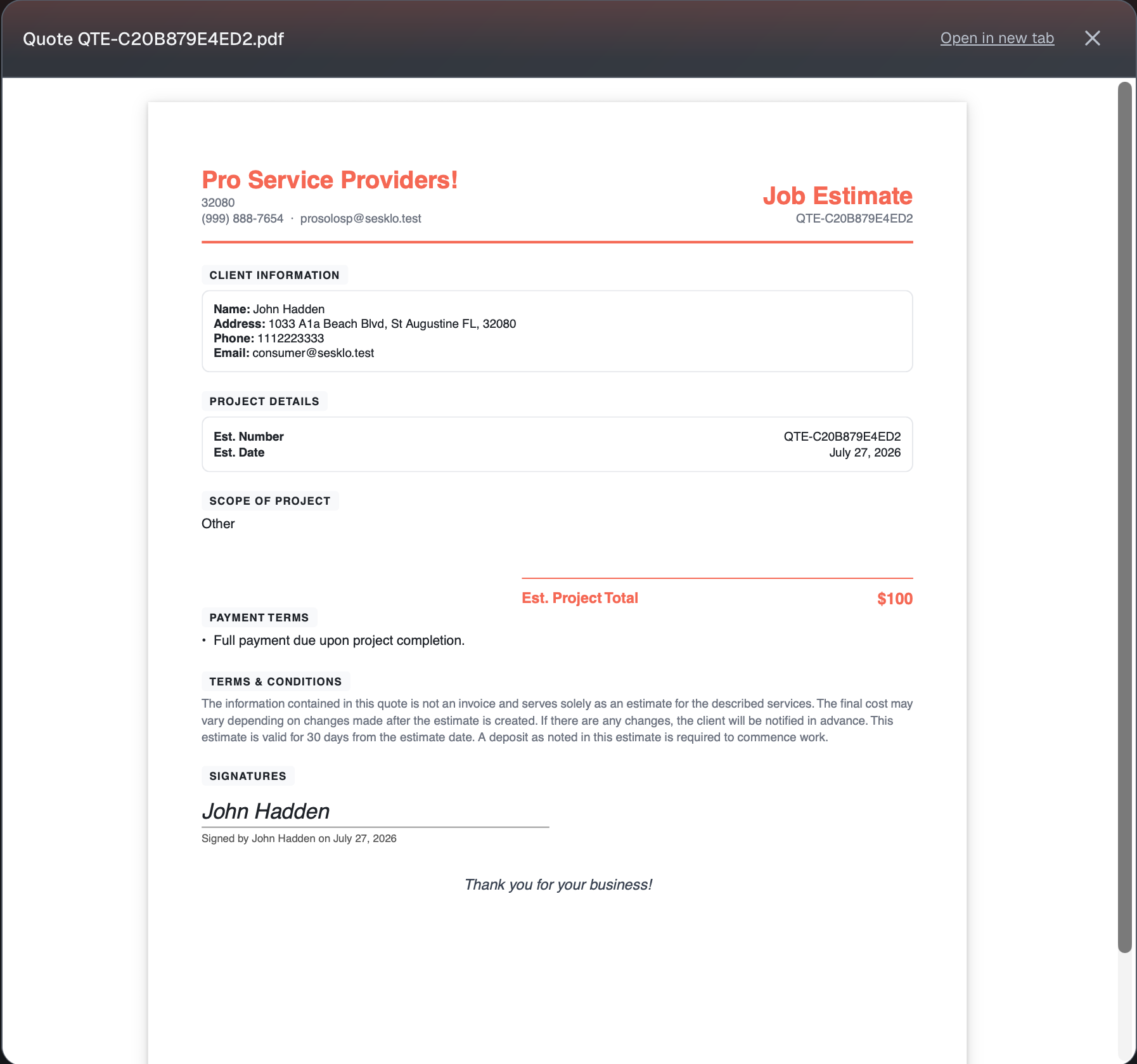 The signed estimate — the customer's signature and sign date live on the document and the job record