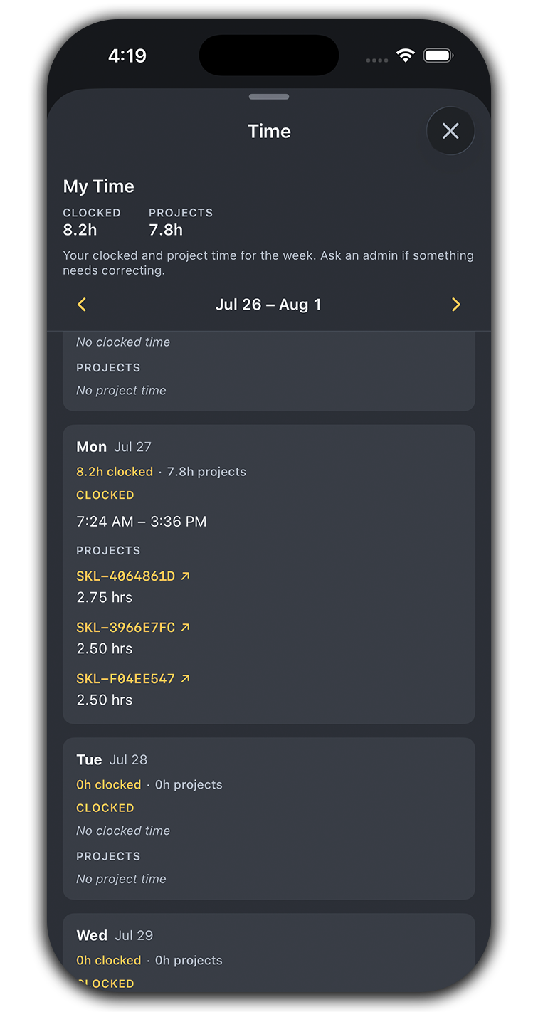 A crew member's week in the app — clocked hours and per-project time, day by day